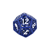 Blue polyhedral dice with white numbers on a white background