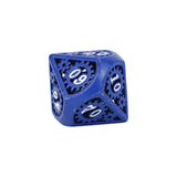 Blue polyhedral dice with numbers on a white background