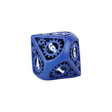 Blue polyhedral dice with black gear design on a white background