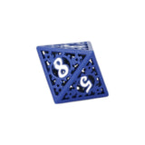 Blue die with white numbers on a white background