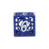 Blue decorative cube with intricate patterns on a white background