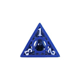 Blue triangular die with number 1 on a white background