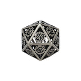 Metal d20 dice with gear design on a white background
