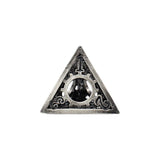 Decorative triangle emblem with central design on a white background