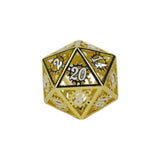 Gold polyhedral dice with white numbers on a white background