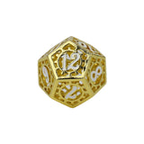 Gold and white polyhedral dice on a white background