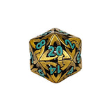 Gold and teal polyhedral dice on a white background