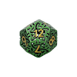 Green polyhedral dice with gold numbers on a white background