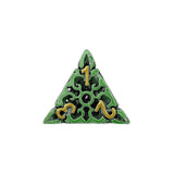 Decorative green triangle with gold numbers on a white background