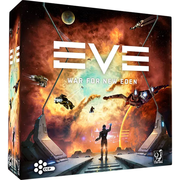 Box of 'EVE: War for New Eden' with space-themed artwork and 'EVE' branding.