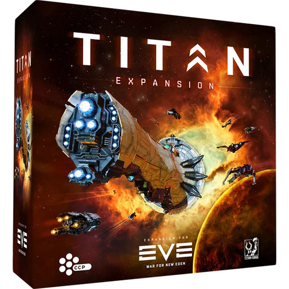 Box for 'Titan Expansion' expansion pack for Eve, featuring space ships and CCP logo.