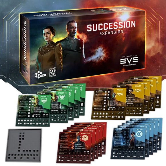 EVE Online 'Succession' expansion box with game cards and components on a dark background