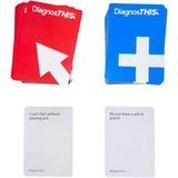 Two packs of 'DiagnosTHIS!' cards with red and blue covers and humorous questions on white cards.