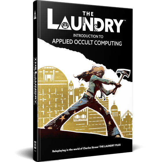Book titled 'The Laundry: Introduction to Applied Occult Computing' with a character holding an axe on a cityscape background.