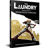 Book titled 'The Laundry: Introduction to Applied Occult Computing' with a character holding an axe on a cityscape background.