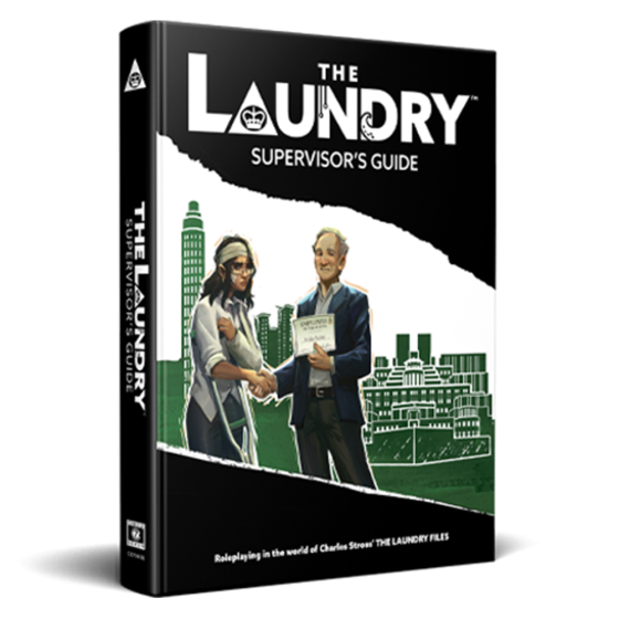 Book titled 'The Laundry Supervisor's Guide' with two characters shaking hands on a cityscape background.