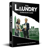 Book titled 'The Laundry Supervisor's Guide' with two characters shaking hands on a cityscape background.