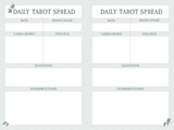 A tarot spread journal page with two columns titled 'DAILY TAROT SPREAD,' including fields for date, moon phase, cards drawn, feelings, questions, and interpretations on a pale gray background.