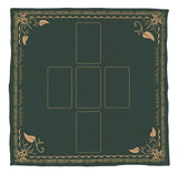 A square tarot card deck box with a dark forest green background and ornate gold botanical border. The center features five gold-outlined rectangular slots for cards, arranged in a cross-like pattern.
