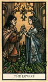 A tarot card illustration titled 'THE LOVERS' showing a man and woman facing each other in a stylized forest scene. The card has a tan parchment background with black linework, green foliage, and brown and blue clothing.