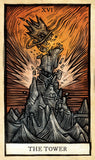 A tarot card illustration titled 'THE TOWER' showing a stylized black-and-orange woodcut design with a tower collapsing under a flying mace, labeled 'XVI' at the top.