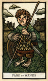 A vintage tarot card illustration titled 'PAGE OF WANDS' showing a young boy with curly hair holding a staff, wearing a green cloak and patterned tunic, standing in a grassy landscape with houses and clouds.