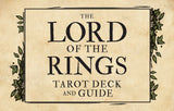 Title card for 'The Lord of the Rings Tarot Deck and Guide' with decorative elements on a beige background.