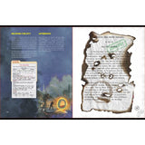 Open book with a page torn out, showing a scene with people and a large circular object.