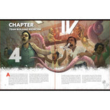 Illustrated book page with characters and text, featuring a chapter title 'Team Building Exorcism'.