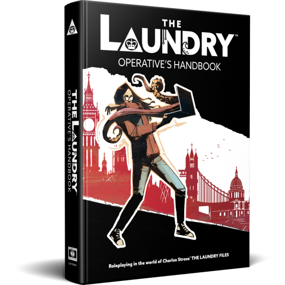 Book titled 'The Laundry Operative's Handbook' with a stylized illustration on the cover.
