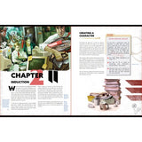 Open book showing a chapter titled 'Induction' with illustrations and text on character creation.