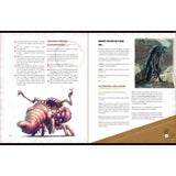 Open book with illustrations of a creature and text on a white background