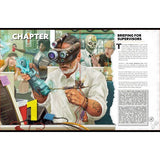 Illustration of a person with goggles and a futuristic weapon, surrounded by other people and text, on a white background.