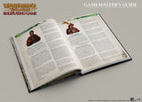 Open book titled 'GameMaster's Guide' from the Warhammer Roleplaying Game on a gray background.