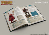 Open book of a Warhammer Roleplaying Game Player's Guide on a gray background