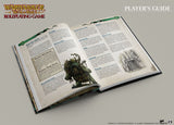 Open book titled 'Player's Guide' from the Warhammer Roleplaying Game on a gray background