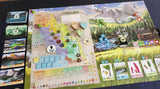 Board game with cards and a map on a scenic board