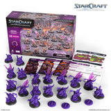 StarCraft tabletop miniature game set with figures and packaging on a white background