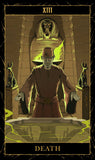 Tarot card titled 'Death' with a figure in a hat and coat, surrounded by Egyptian-style statues and hieroglyphs.