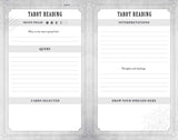 A tarot reading journal page with two columns: the left column includes fields for date, moon phase, who is the subject, query, cards selected, and a tarot reading section; the right column includes interpretation and drawing areas. The page has a gray ornate border and faint spiderweb motif in the lower right corner.
