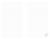 A white lined notebook page with multiple horizontal lines and a small gray abstract mark in the bottom-right corner.