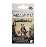 Warhammer Age of Sigmar Commemorative Series 'Oath Fulfilled' miniature figurine pack, featuring a warrior figure on a rocky base with Warhammer branding and a white background.