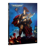 Warhammer 40k Codex Adeptus Custodes book cover, featuring a highly detailed illustration of a warrior in red and gold armor holding a spear, set against a dark blue background with skulls and battle debris at the base.