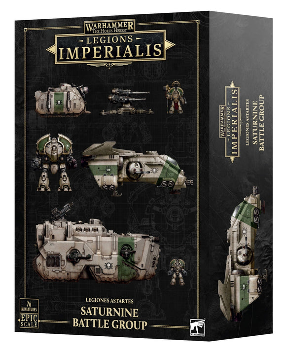 Warhammer Imperialis Saturnine Battle Group box with detailed models on a black background