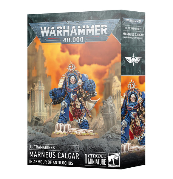Warhammer 40,000 game box featuring an Ultramarines figure with armor of Antilochus.