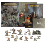 Warhammer 40k Khazalite Holds Army Set display showing the illustrated box, book, cards, and miniatures, on a white background.