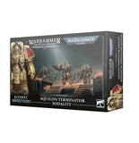 Warhammer 40k The Horus Heresy Custodes Aquilon Terminator Sodality box set, featuring detailed sci-fi artwork of armored citadels and figures on the front and side panels.