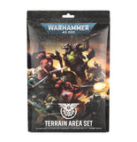 Warhammer 40,000 terrain area set packaging with warrior figures on a white background