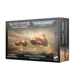 Warhammer 40,000: Warhammer: The Horus Heresy Custodes Gyrfalcon Jetbike Sodality box set, featuring detailed sci-fi artwork of red jetbikes on a dusty battlefield.