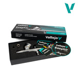 Vallejo EasyAir airbrush set with airbrush, nozzles, and packaging on a white background